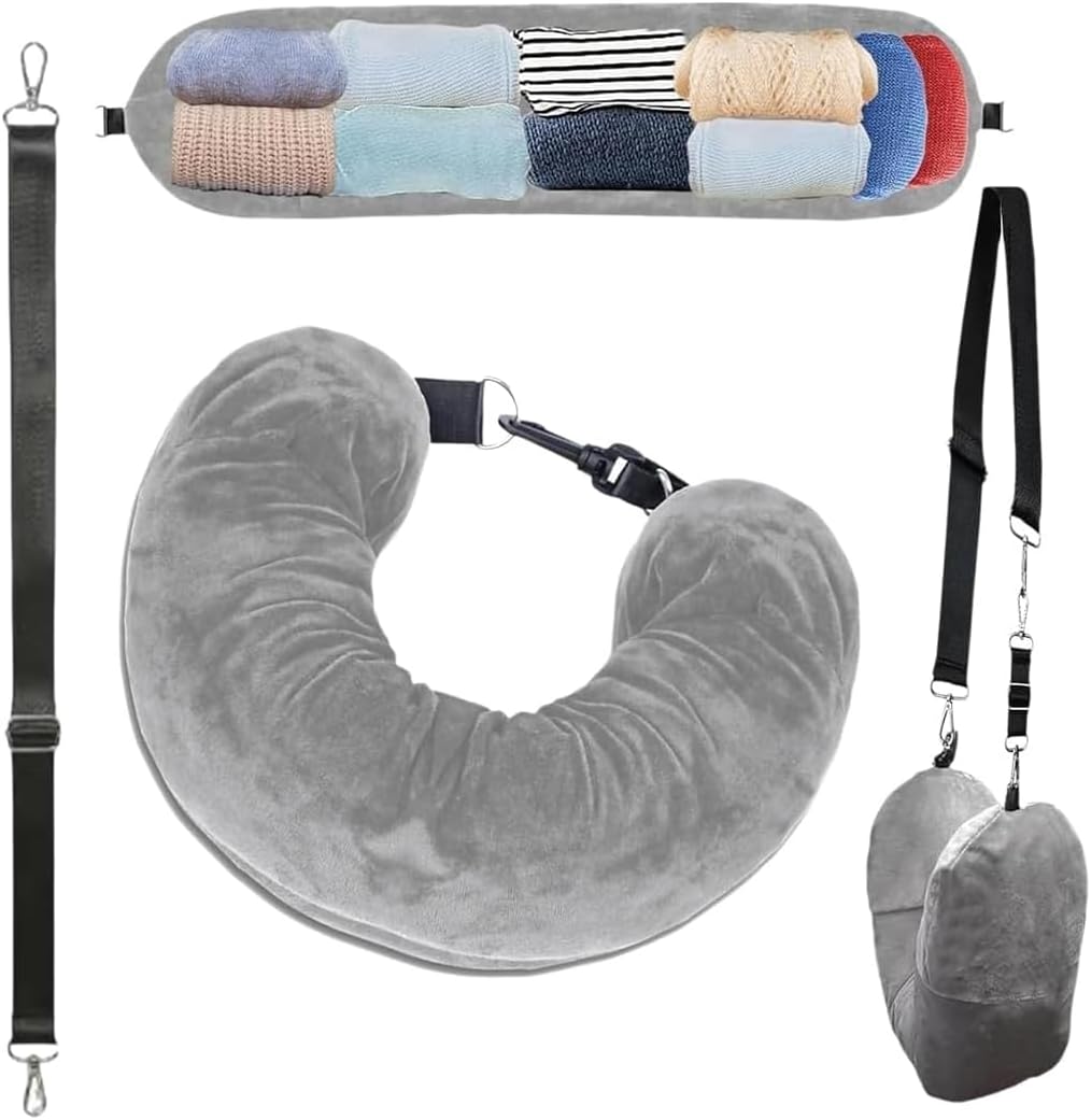 GJKLO 1 Piece Stuffable Neck Pillow for Travel With Adjustable Straps, Travel Essentials, Neck Pillow Stuffable With Clothes, Soft Fillable, for Extra Luggage (Grey)