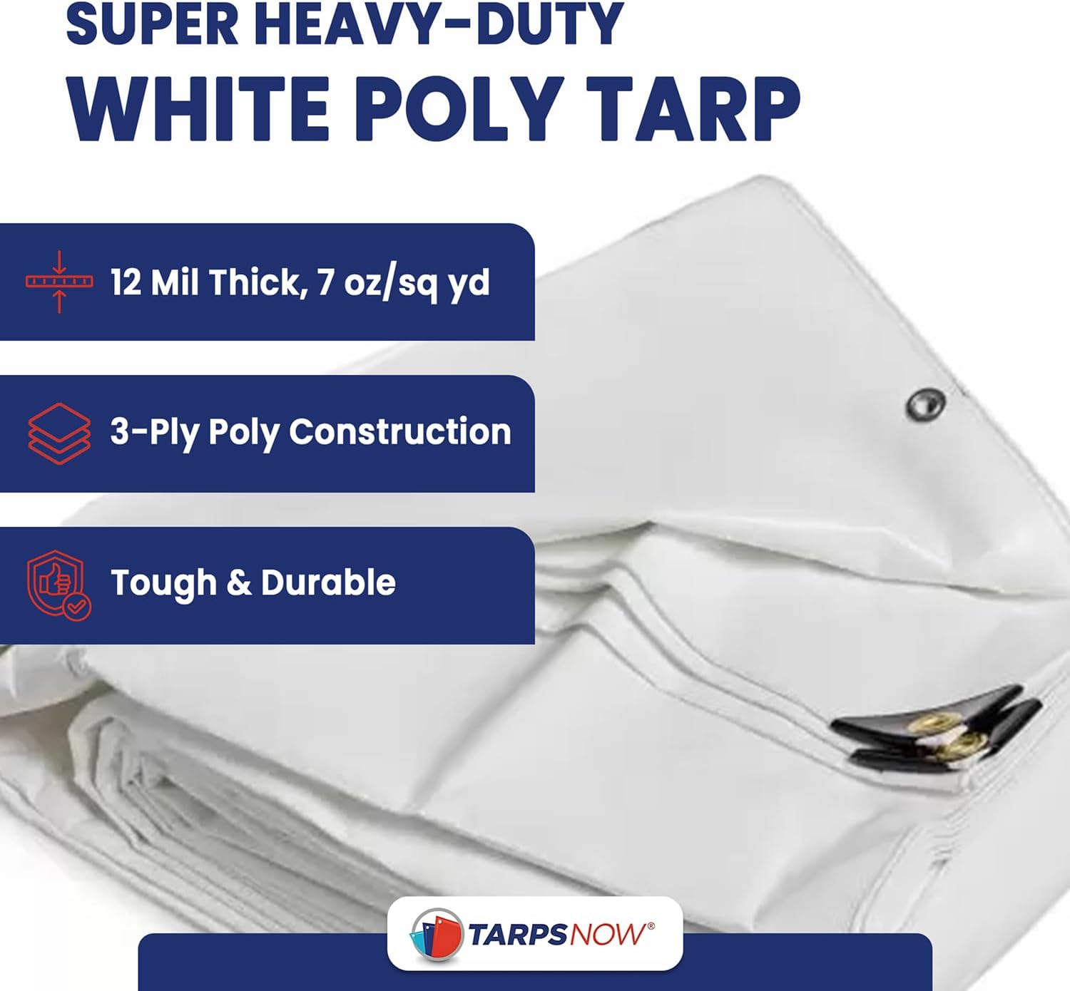 Tarps Now 6x12 Feet Poly Tarp |12 MIL Heavy Duty Waterproof Cover |Rip and Tear Proof Plastic Tarp with Rustproof Aluminum Grommets & Reinforced Edges |Ideal for Roof Repairs, Landscaping-White