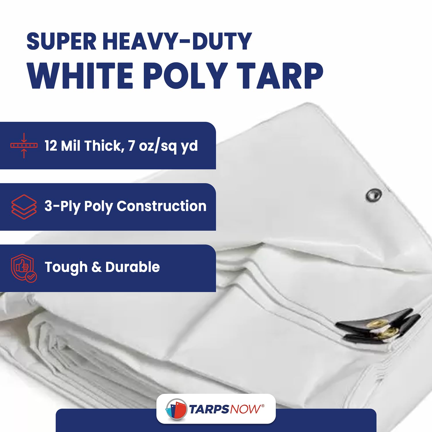 Tarps Now 10x15 Feet Poly Tarp |12 MIL Heavy Duty Waterproof Cover |Rip and Tear Proof Plastic Tarp with Rustproof Aluminum Grommets & Reinforced Edges |Ideal for Roof Repairs, Landscaping-White