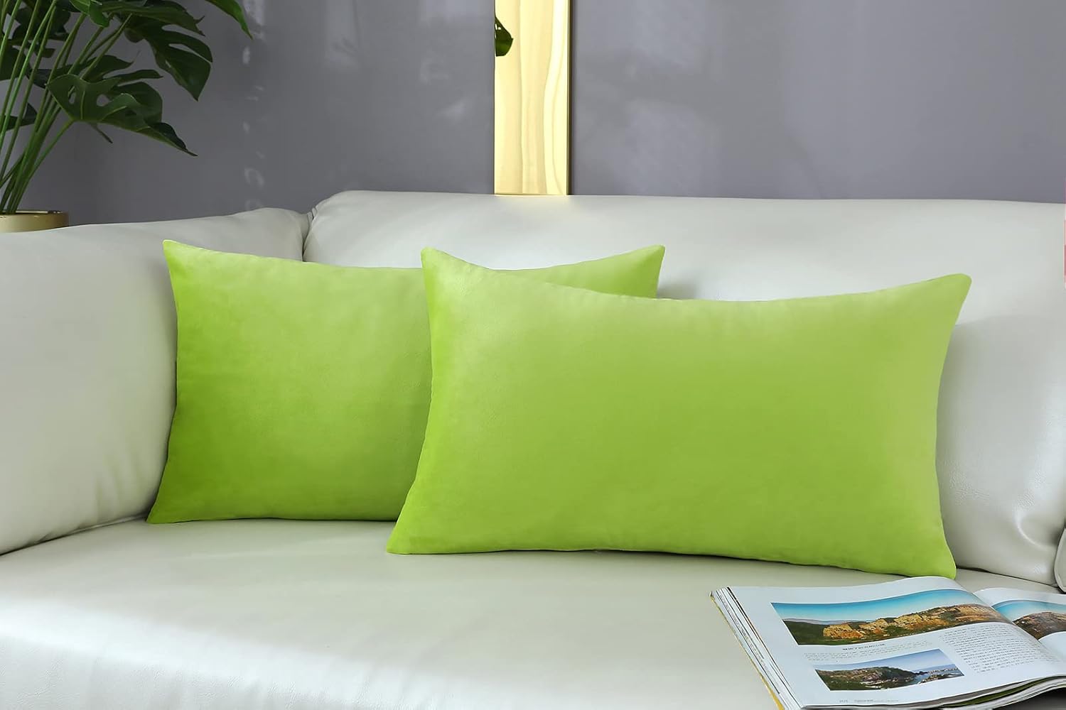 mixeoo Comfy Lime Green Throw Pillow Covers Decorative Lumbar Solid Rectangle Thick Velvet Super Soft Cushion Cases Home Decor for Sofa Couch Living Room Chair, Set of 2, 12 x 20 Inch - Image 2