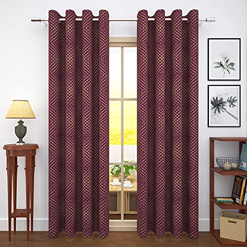 Image of Story@Home Bloom Collection Jacquard Lavish and Modern Rich Geometric Print 2 Piece Eyelet Ring top Door Curtain for Bedroom and Hall - 7 Feet, Mulberry