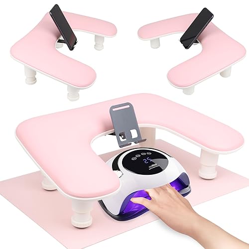 Miniatura 11 de Reposabrazos para uñas Tech con tapete de mesa para uñas y soporte para teléfono, base ajustable en forma de U para manicura y reposamanos (color