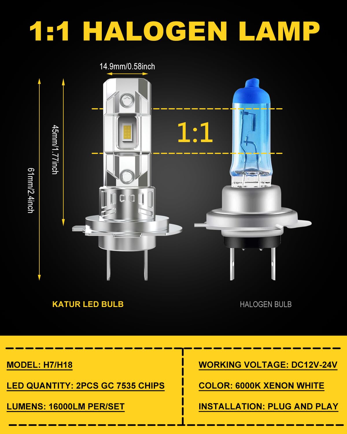 KATUR Lot de 2 ampoules de phare LED H7, 16 000 lm, 6 000 K, blanc, 500 % de luminosité, sans ventilateur, étanche, kit de conversion Plug and Play, remplacement halogène