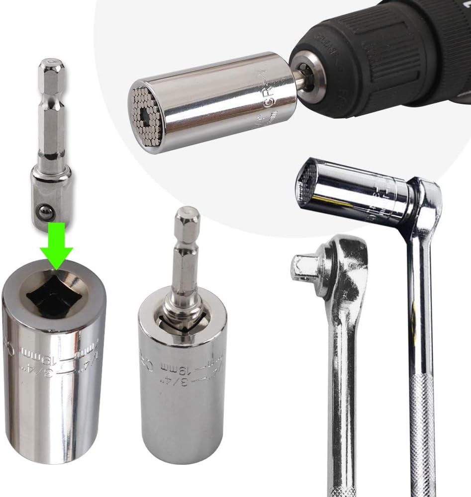 Universal Socket Wrench, Self-adjusting Socket Fits Standard 1/4''-3/4'' (7-19mm) with Ratchet Wrench Power Drill Adapter, 2Pcs 11.6'' Flexible Drill Bit Extension Shaft with Drill Bit Sets