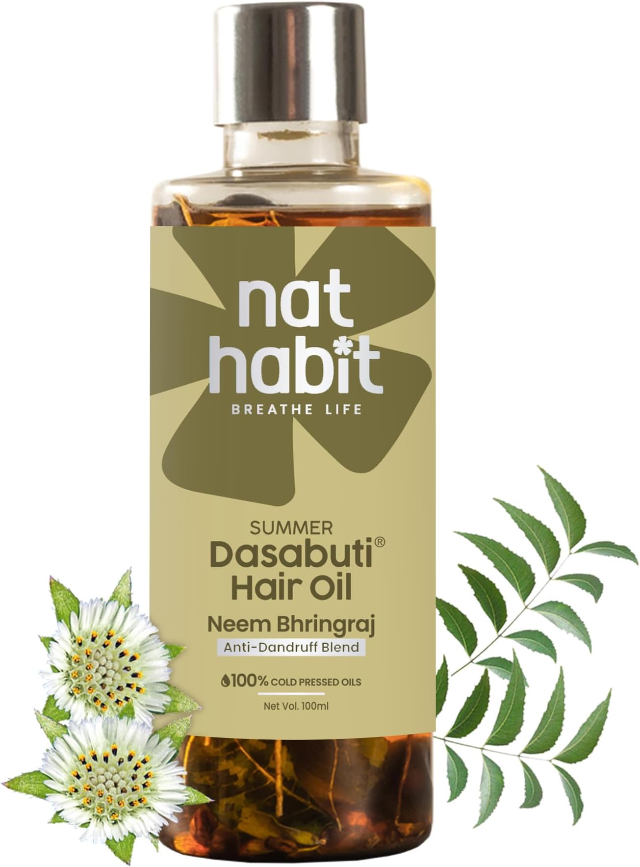 Nat Habit Neem Bhringraj Hair Oil For Men & Women, Reduces Dandruff, Suitable For All Hair Types, No Paraffin, Mineral Oil, Preservatives & Chemicals, 100 ml