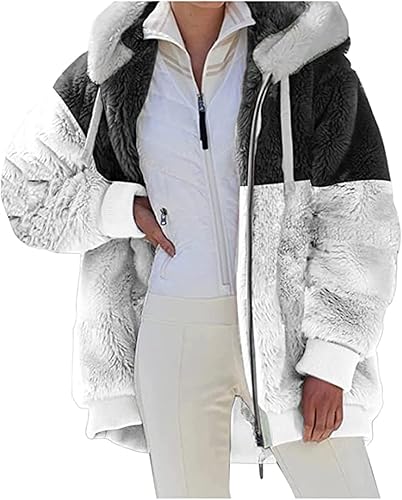 Miniatura 10 de Chaqueta de forro polar para mujer, sudadera con capucha de felpa con cremallera, bolsillo, bloque de color, parches cálidos de invierno, abrigos