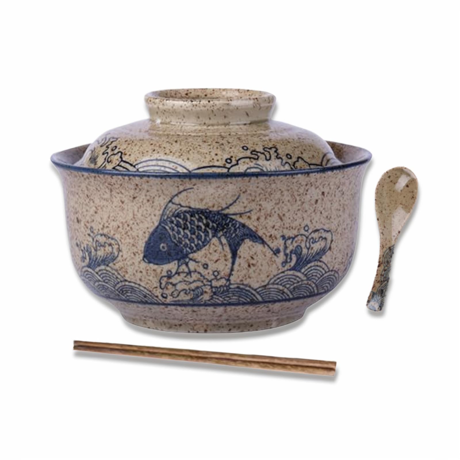Braozaiw 800ml Ceramic Bowl with Lid - Versatile Large Bowl for Ramen, Noodle Soups, Salads and Cereals(Fish+ Chopsticks + Spoon) โ image 1