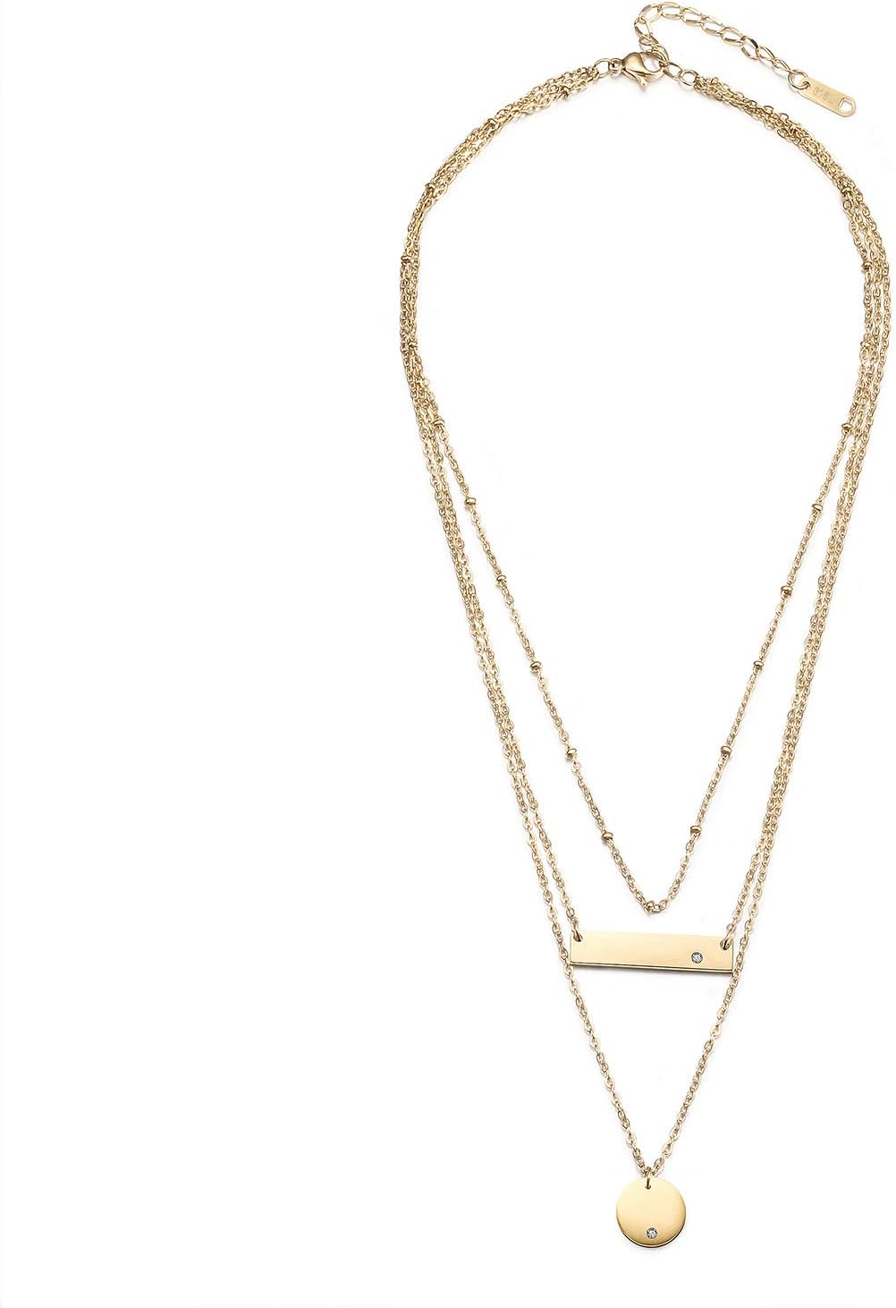 WISTIC Gold Bar Necklace for Women Vertical/Horizontal Bar Pendant Necklaces with Adjustable Chain Necklace Adult Jewelry (Bar Disc Layered Necklace)