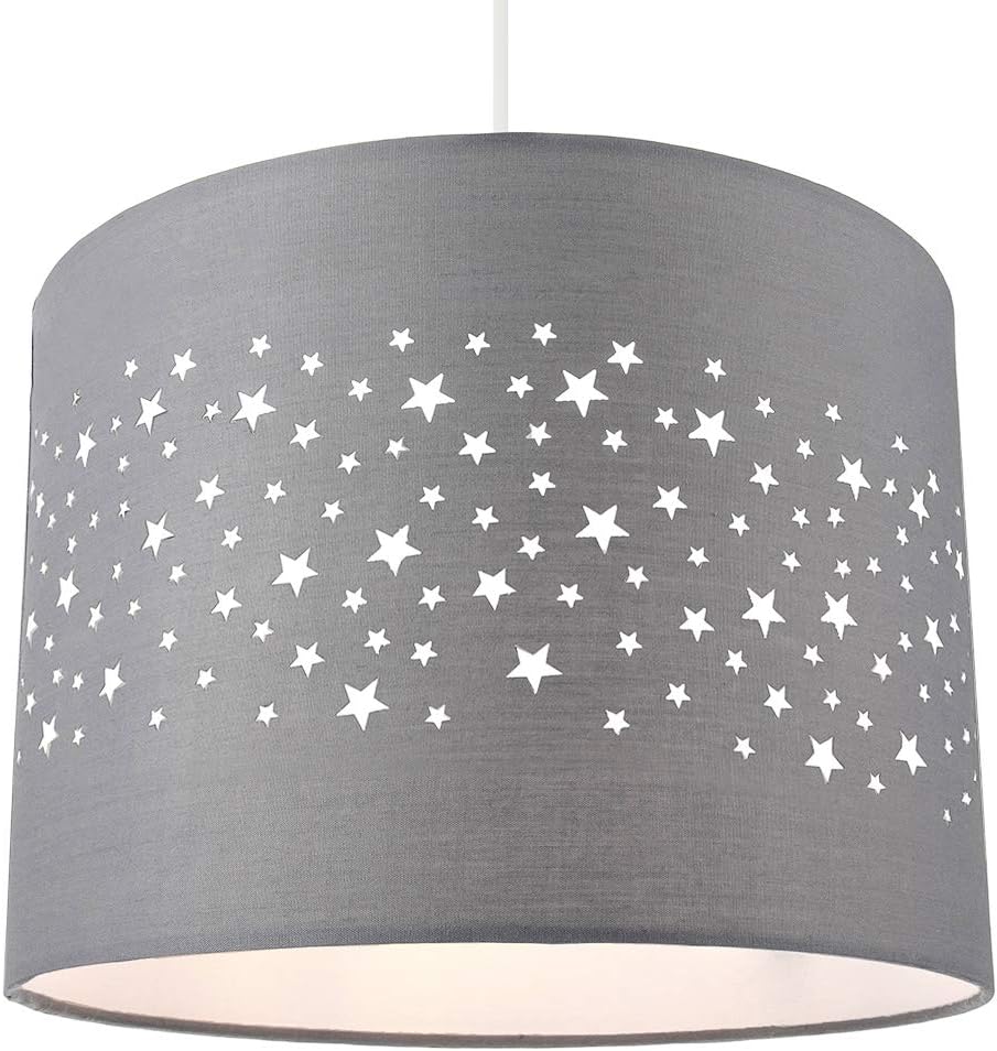 Stars Decorated Childrens/Kids Soft Grey Cotton Bedroom Pendant or Lamp Shade Creates Stunning Effect Against The Wall - Image 3