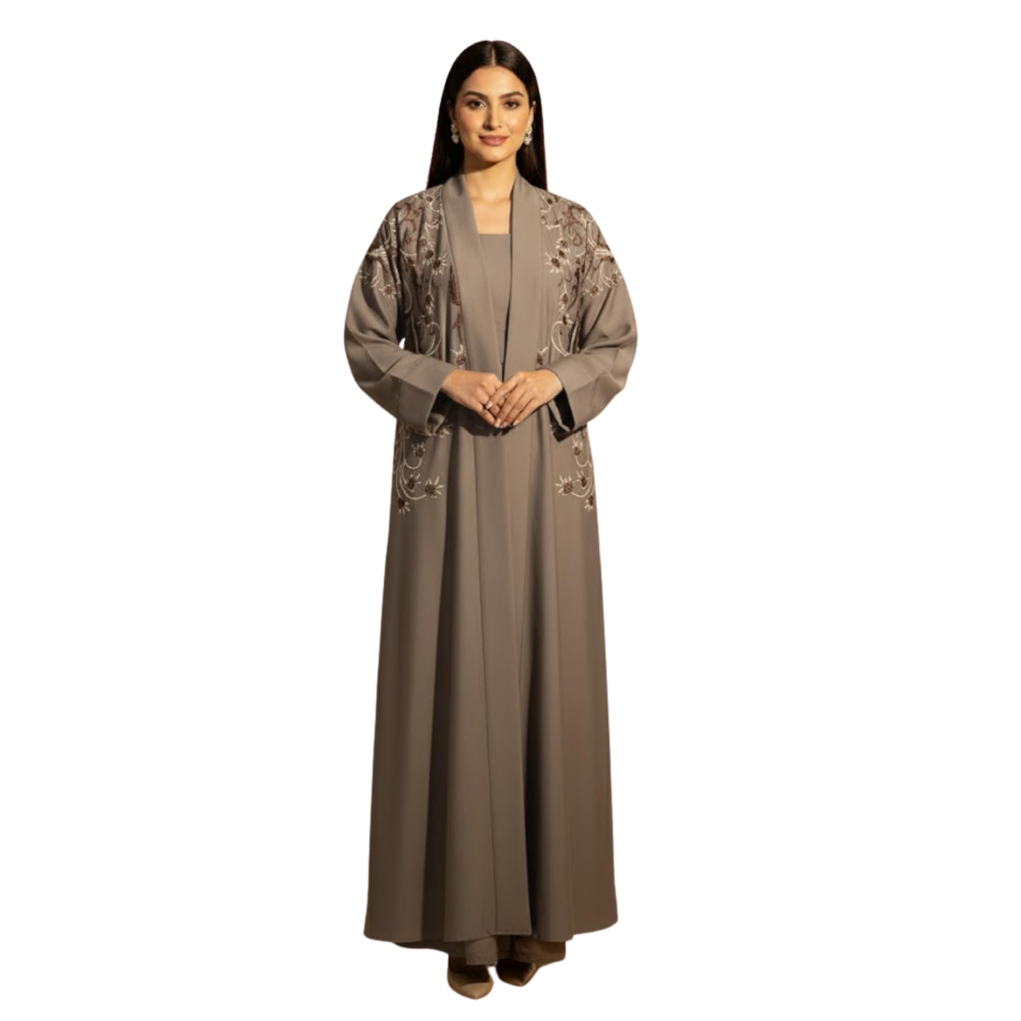 Elegant Embroidered 2 Piece Abaya Set For Women Muslim Wear Arabic Open Abaya With Inner Dress