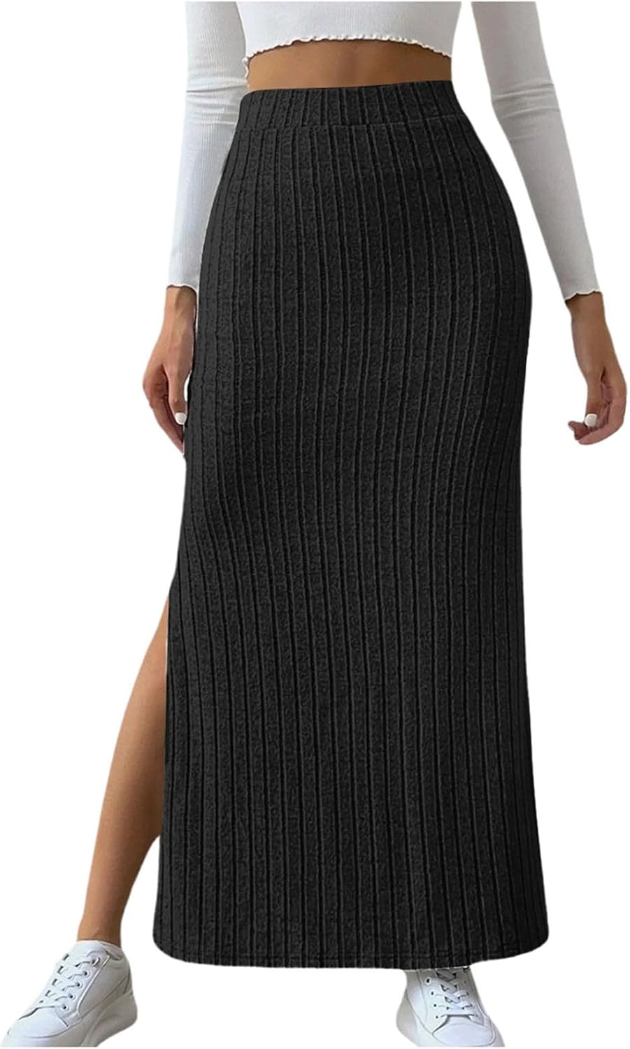 Generisch Women's Midi Pencil Skirt with High Stretchy Rib Knit Split Hem for Elegant Office Outfits