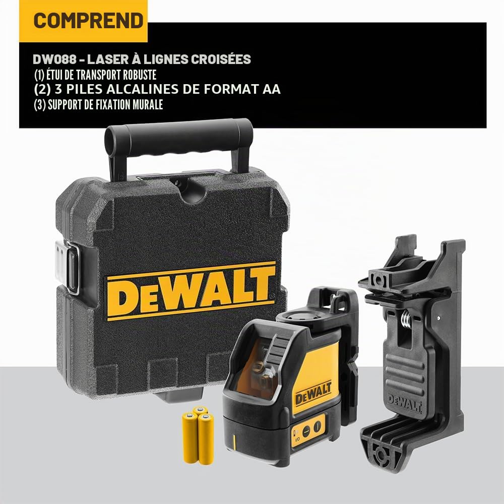DEWALT - Laser Croix Autonivelant - Faisceau Vert - IP54 - +/- 3mm par 10m - Support de Rotation Magnétique - Raccordement au Trépied 1/4" - DW088CG-XJ