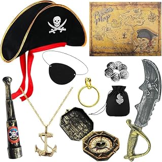 Piratenkostüm, 15 Stück Piraten Kostüm Zubehör Piratenhut Säbel Augenklappe Fernrohr, Piratin Kostüm, Piraten Verkleidung Accessories, Piraten Karneval Kostüm Fasching Cosplay Halloween Party