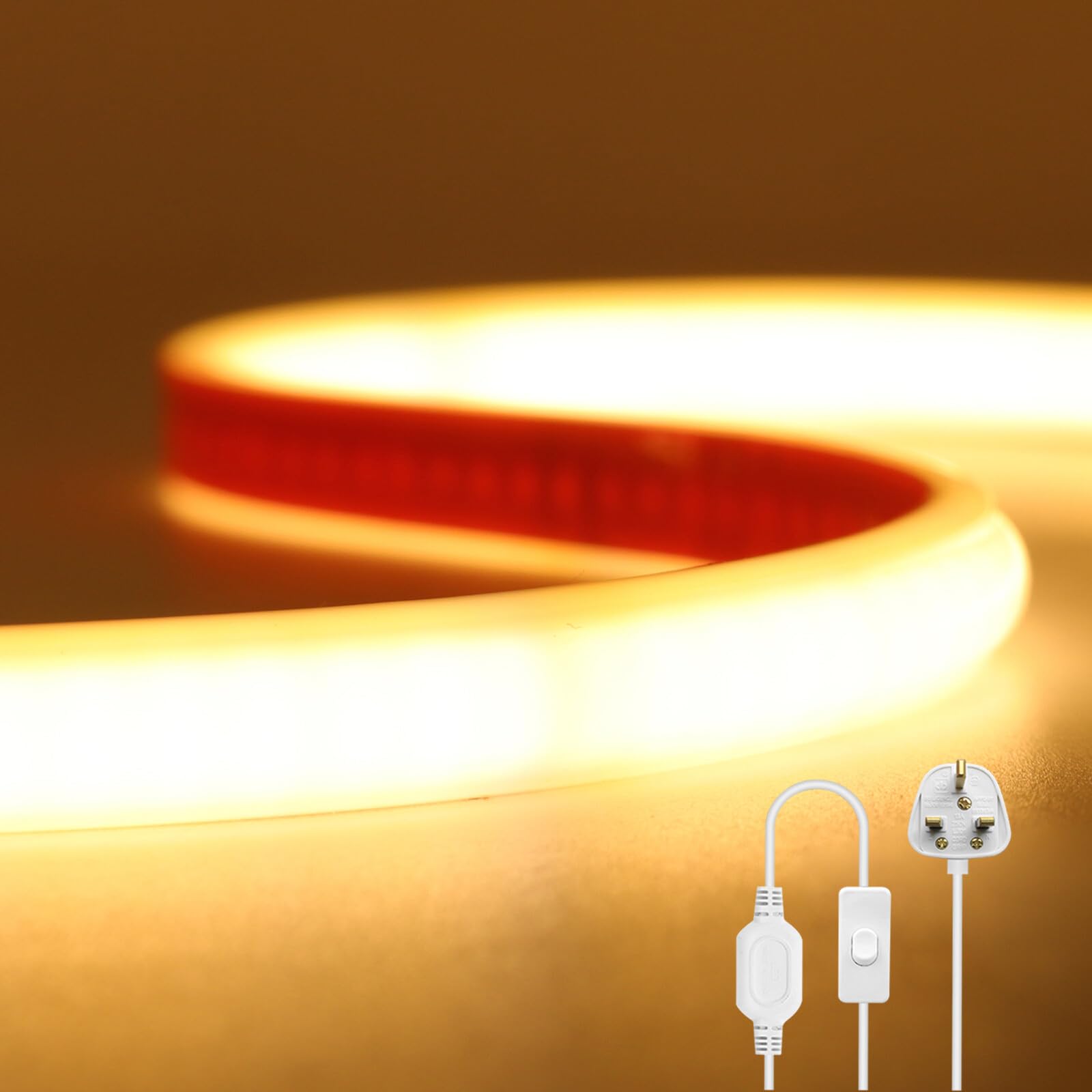 KAFULA 220V COB LED Strip with On/Off Switch [33m, Warm White 3000-3500K], IP65 Waterproof Flexible, 240 LEDs/M Cuttable FCOB LED Neon Strip CRI85+, DIY Decorative Lighting for Home and Stores