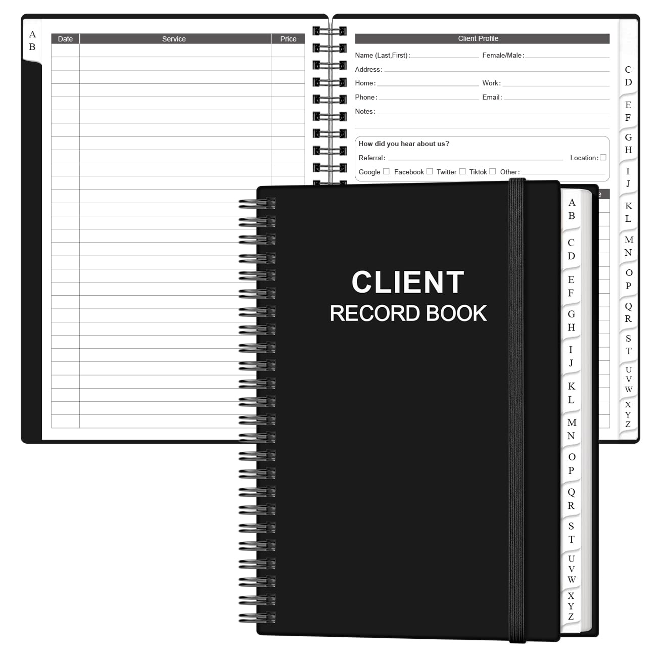 Heveboik Black Client Record Book - Hair Stylist Client Profile Book-Binder And Client Record Cards With A-Z Alphabetical Tabs For Salons, Hair Stylist, Nail, Small Business,