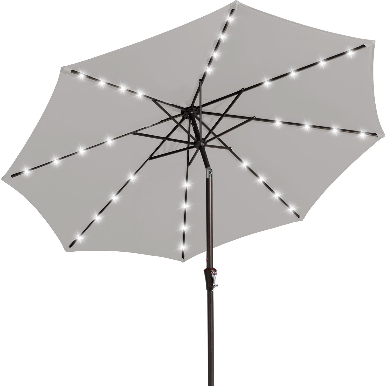 Photo 1 of JEAREY 9FT Outdoor Patio Umbrella with Solar Lights, LED Lighted Pool Umbrella with Tilt and Crank, Outdoor Table Umbrellas for Deck, Yard & Market (Light Grey)
