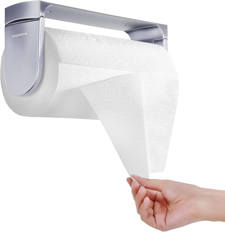 simpletome ONE - Toallero de papel para debajo del gabinete (cromado plateado perla) | brazos tensores, rasgue una o más hojas a la vez | aleación de aluminio+abs | adhesivo o taladrado para pared/armario | para rollo de 28cm