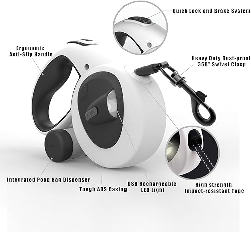 Miniatura 2 de HCY&WLD Correa retráctil 4 en 1 mejorada para perro con luz LED, dispensador y bolsas para excrementos, correa resistente de 16 pies para perros con