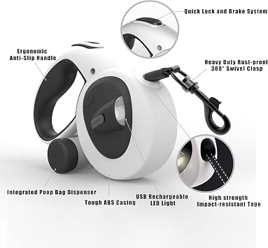 4-in-1 Retractable Dog Leash with LED Light & Dispenser & Poop Bags