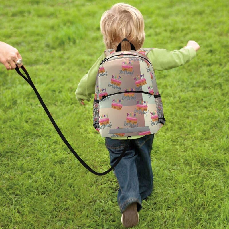 QUGRL Happy Birthday Cake Toddler Backpack for Boys Girls Kids School Backpack with Chest Strap Leash Preschool Schoolbag Nursery Kindergarten Bag for Daycare Travel Hiking School