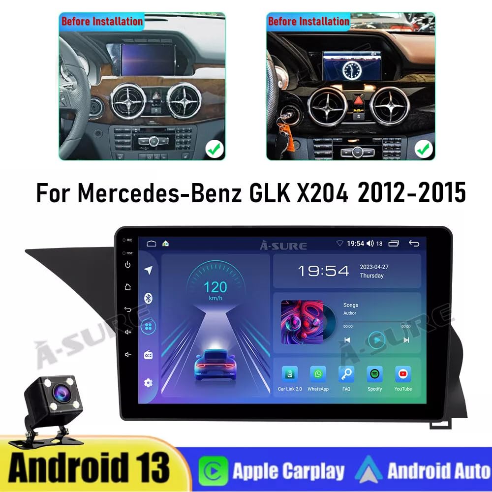 EUBUY Android 14 Car Stereo for Mercedes-Benz GLK Class X204 2012-2015, 9inch Touch Screen Car Stereo Support Wireless CarPlay Android Auto Uses OEM BT Calls and Music