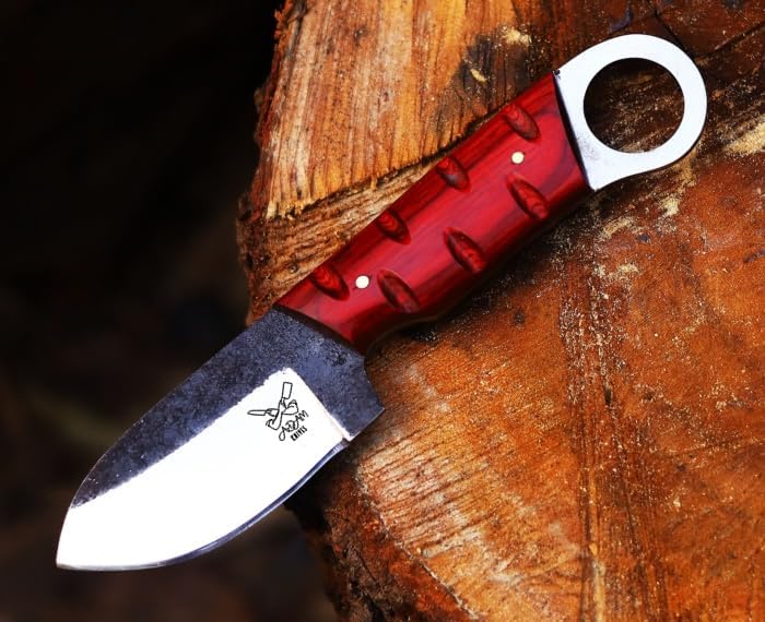 Fixed Blade Carbon Steel Outdoor Knife with Pancake Leather Sheath, 7'' Full Tang Skinning Knife,Non-Slip Wooden Handle