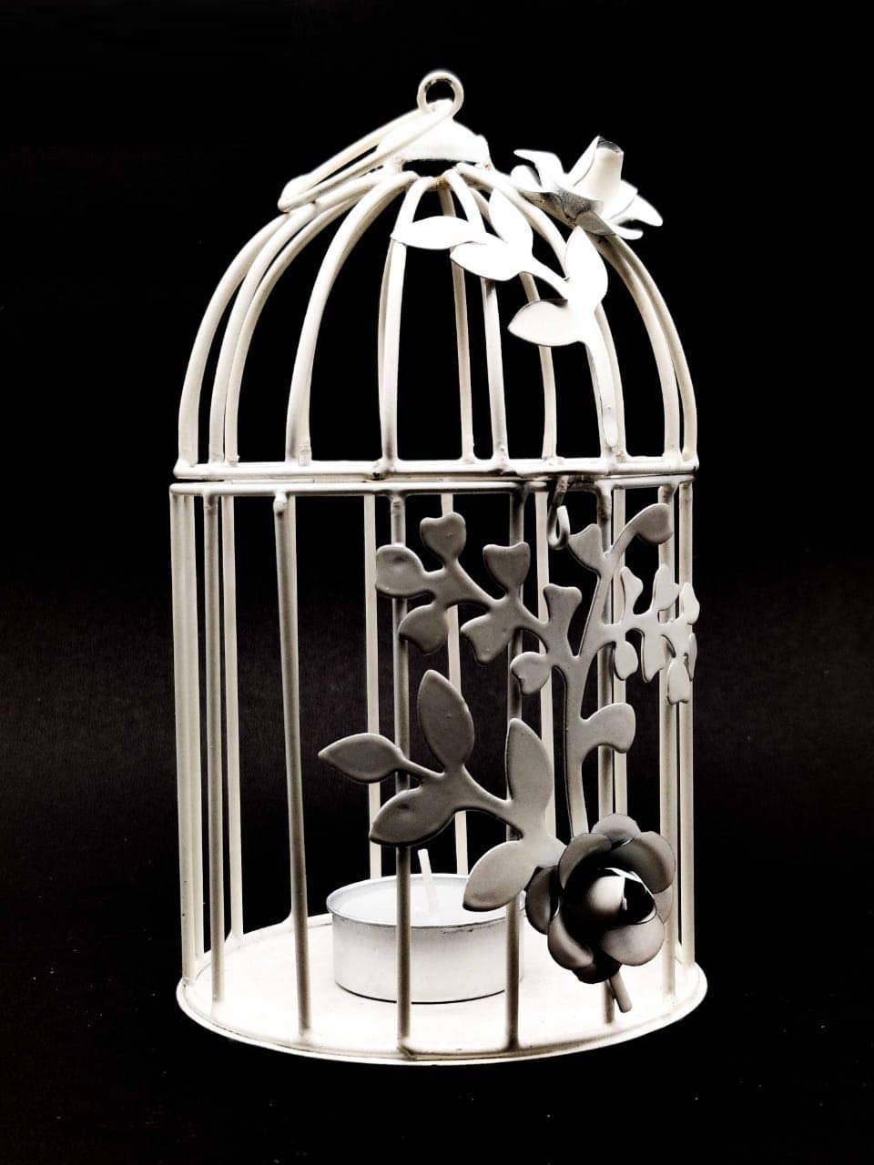 Parin Divisha Golden Cage Metal Iron Bird Cage Tea Light Holder with Flower Vine for Home Décor (Pack of 1, White House) 2