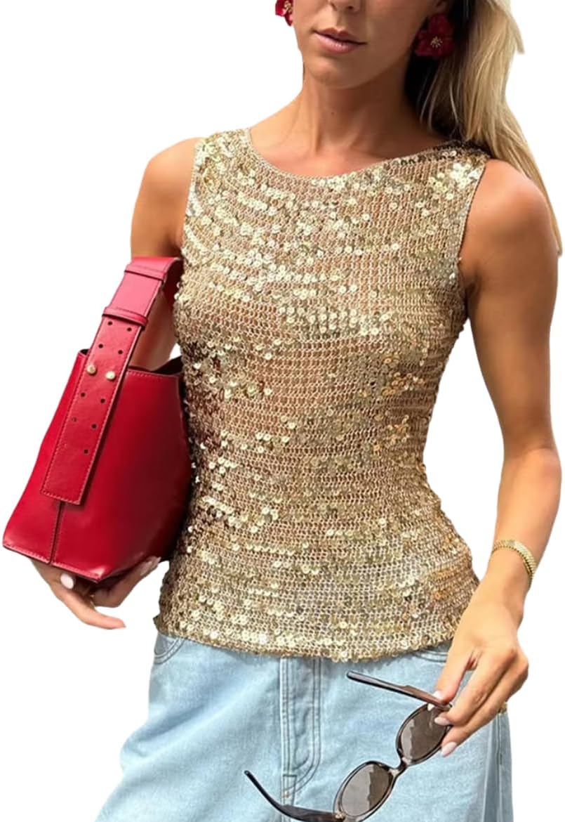 Women's Sequin Tank Top Casual Sparkly Shimmer Blouses Sleeveless Crew Neck T Shirt Fashion Outfit Top