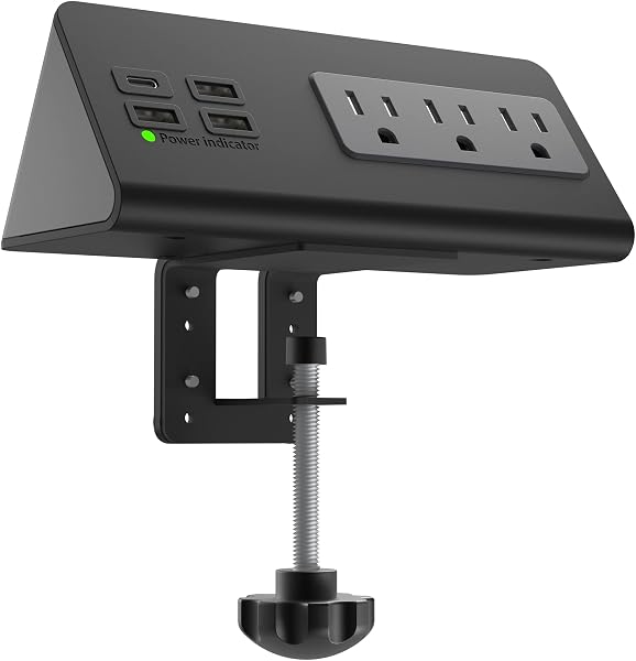 Nightstand Edge Mount Power Strip with USB-C Ports Tabletop Surge Protector Desk Clamp Power Sockets with 3 AC Outlets &4 Fast Charging USB Ports for Home Office Hotel and Dormitory - 1