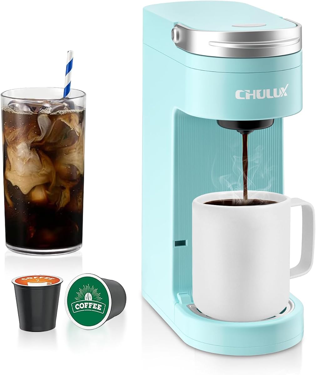 Cafetera de una sola porción delgada, cafetera liviana, cian | Sistema de caldera de calentamiento rápido, aguja de 4 orificios para un sabor más rico, bandeja de goteo ajustable para taza de viaje de 7.3", material de grado alimenticio