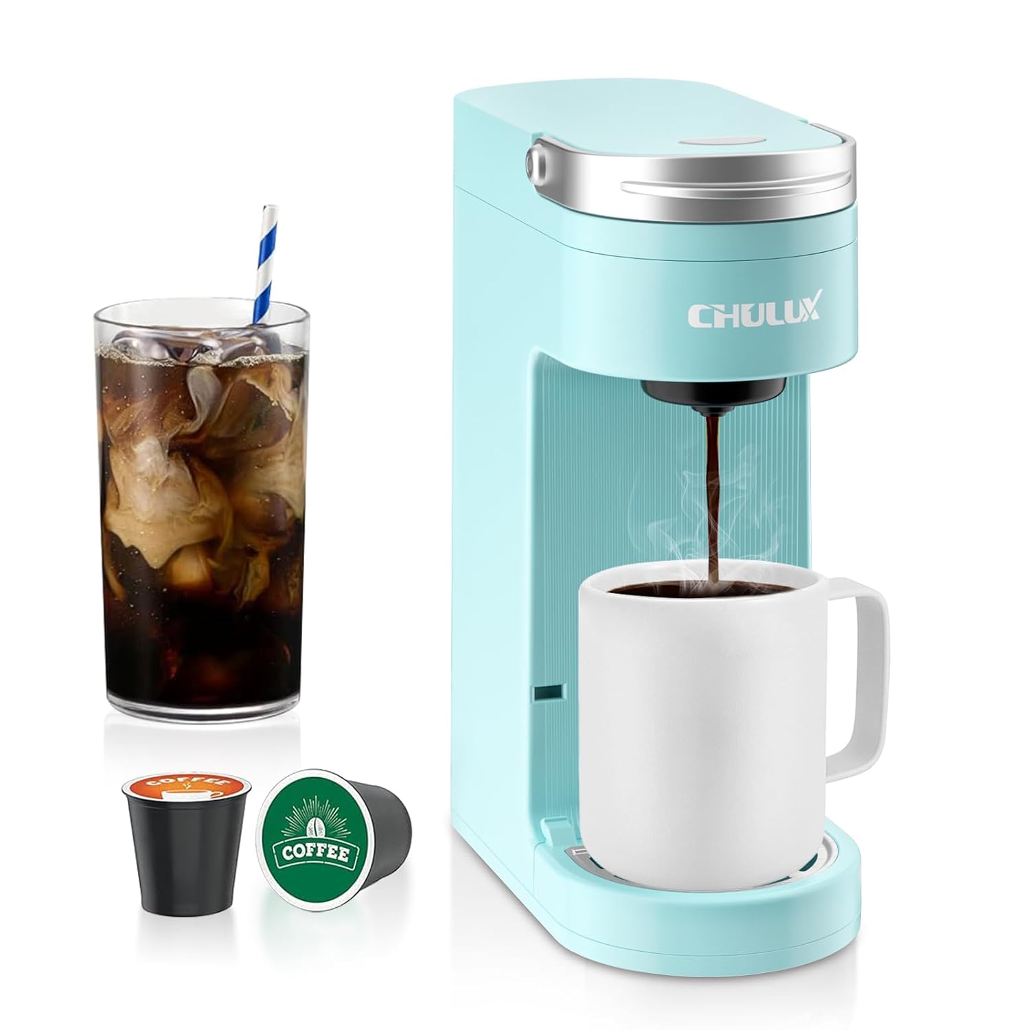 CHULUX Slim Single Serve Coffee Maker Lightweight K-pod Coffee Machine for Travel Home Cyan