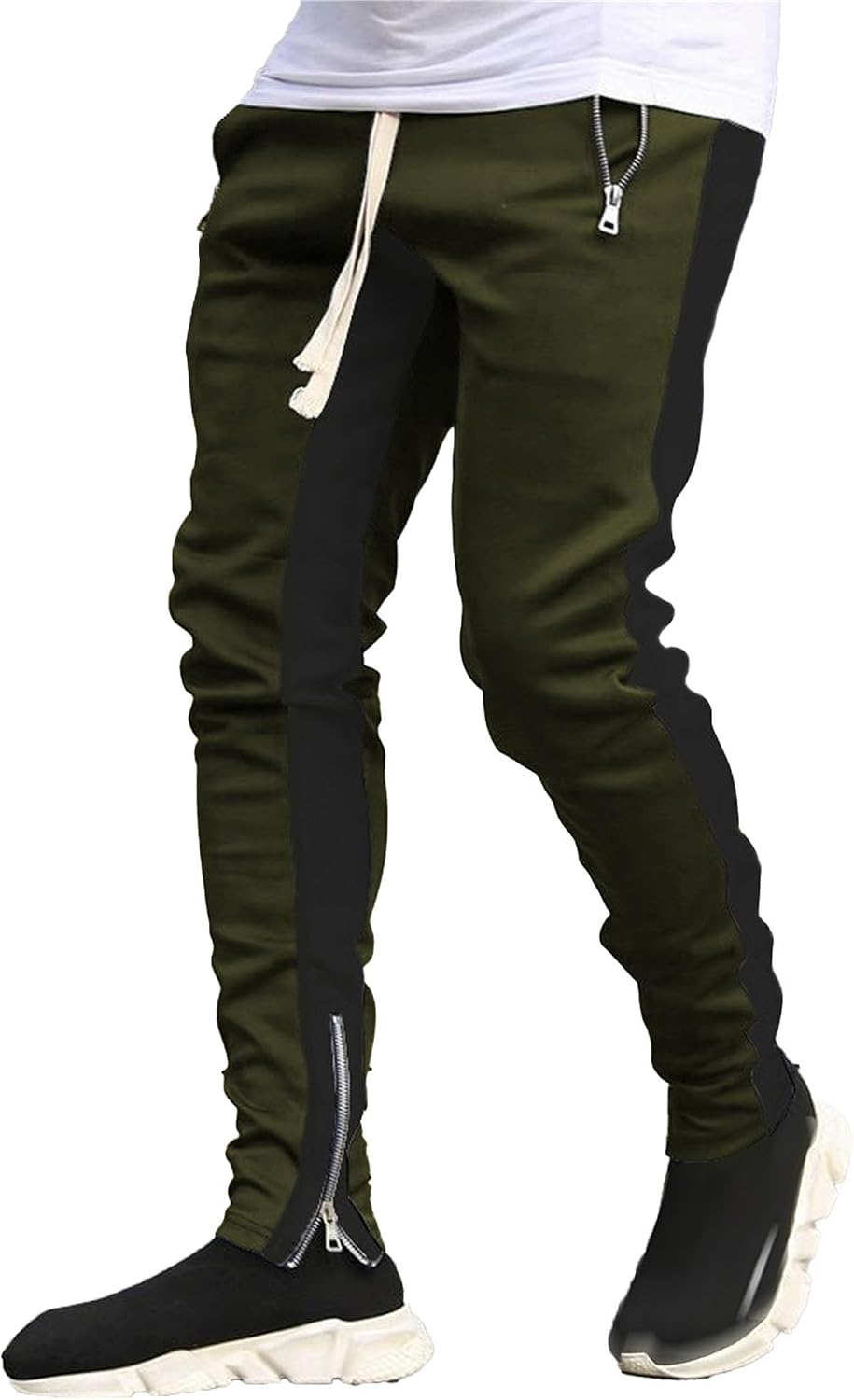 Men's Zipper Pocket Contrast Color Leisure Jogging Pants Classic Slim Fit Side Stripe Drawstring Sweatpants