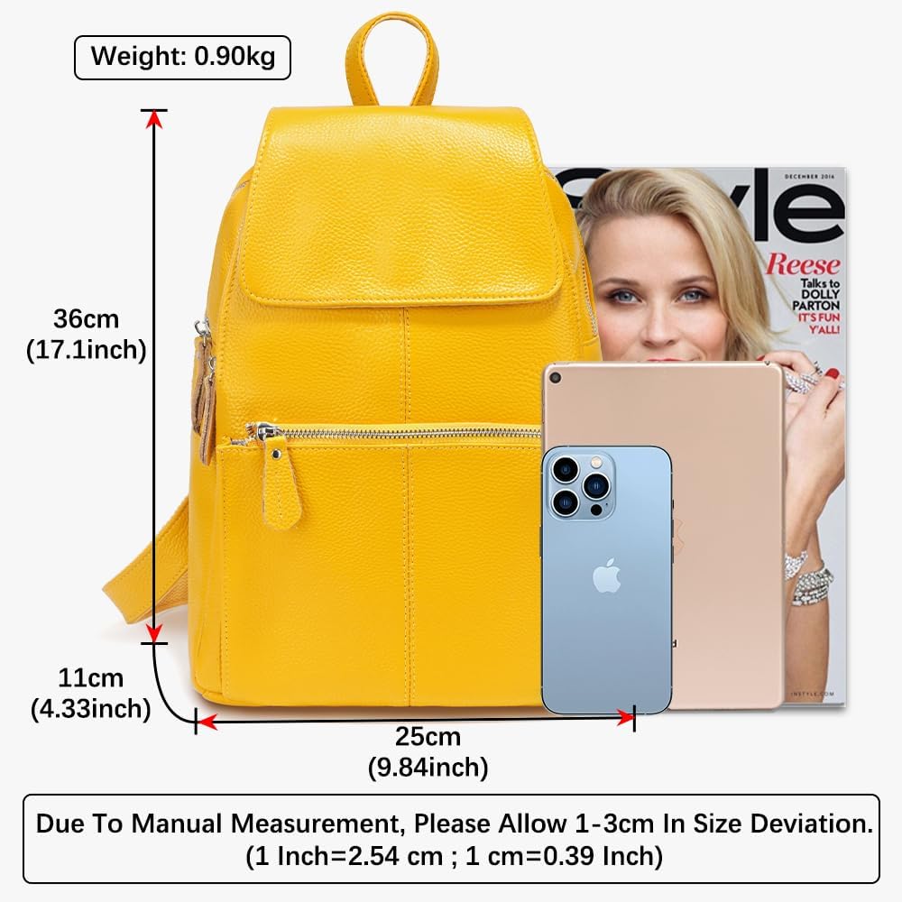 zency 15 Colors 100% Genuine Leather Women Backpack Antitheft Fashion Rucksack Travel Bag For Ladies (Yellow)