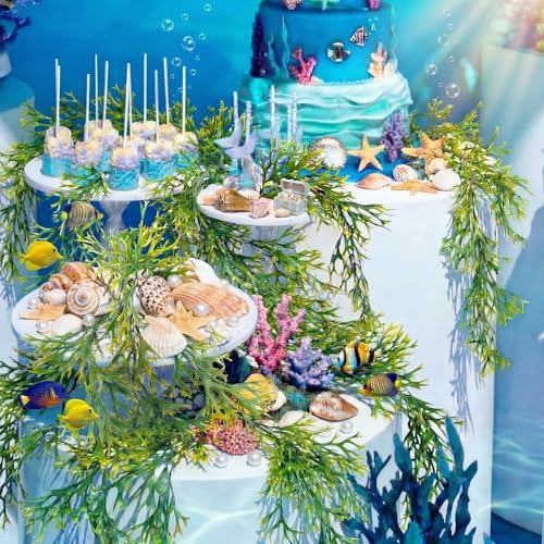 XunYee 3 Pcs 2.6 ft Under The Sea Party Decorations Ocean Themed Birthday Supplies Fake Artificial Seaweed Table Centerpiece Plants Leaves Wreath Foliage for Pool Beach Baby Shower Mermaid Decor