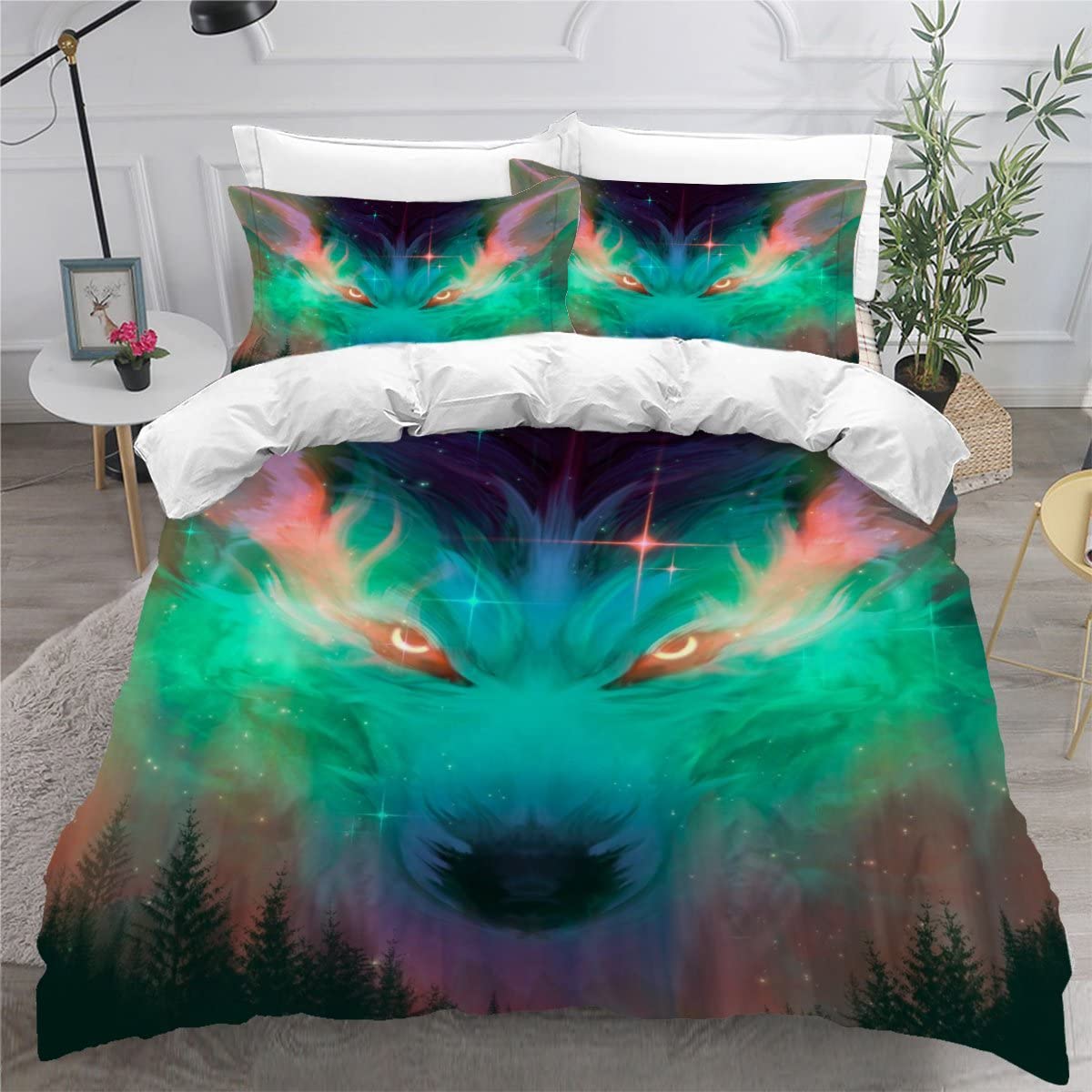 Housse de couette loup 200x200 microfibre anti-plis avec fermeture éclair