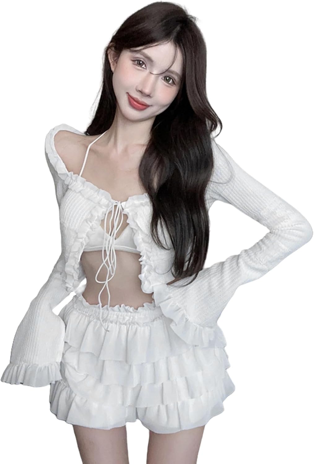 Suillty Women's 2 Piece Skirt Outfits Knitted Lace Up Long Sleeve Cardigan Crop Tops Ruffle Mini Skirt Set