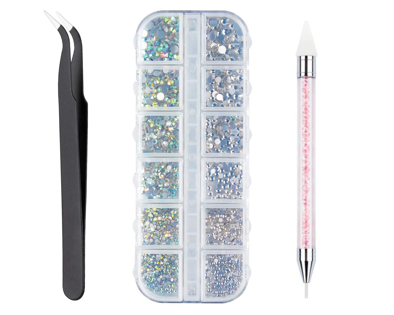 Flat Back Gems,Flat Back AB Crystal Nail Art Rhinestones,Nail Gems,Crystals Clear Rhinestones, with Pick Up Tweezer and Rhinestone Picker Dotting Pen,for Nail and Face DIY Crafts