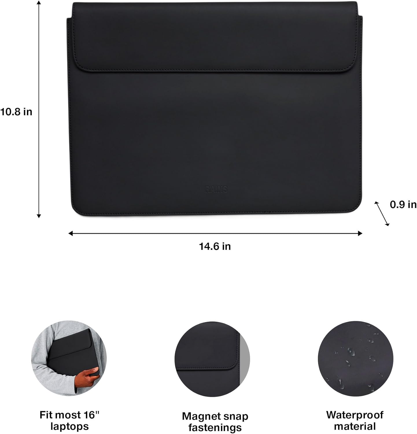 RAINS Laptop Portfolio 15"/16'' - Black Waterproof Protective Computer Case for Men and Women with Magnetic Flap Closure and Soft Lined Compartment - 2 Year Warranty