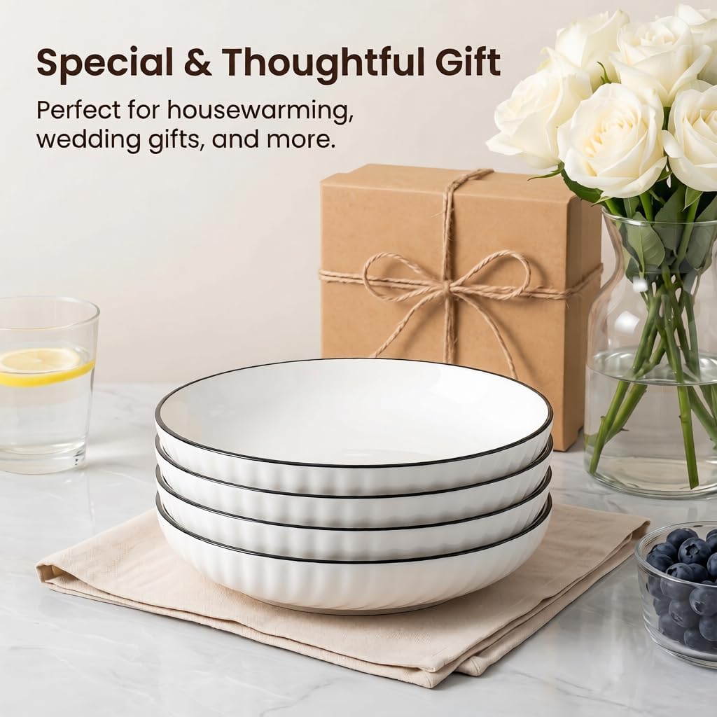 Ceramic Pasta Bowls Set of 4, 22 oz, 8.3 Inch White