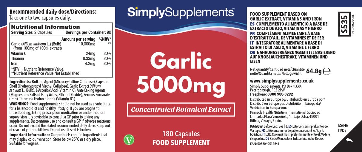 Cápsulas de ajo de alta potencia | Ayuda a la salud inmunológica | Con vitamina C, hierro y tiamina | Apto para veganos | 360 cápsulas = 6 meses de suministro | Fabricado en el Reino Unido