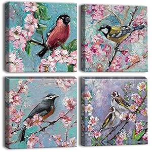 4er Set Leinwandbilder, Vogel &Ouml;lgem&auml;lde in Kirschbl&uuml;ten, 30x30cm Singv&ouml;gel | Geschenk-Deko