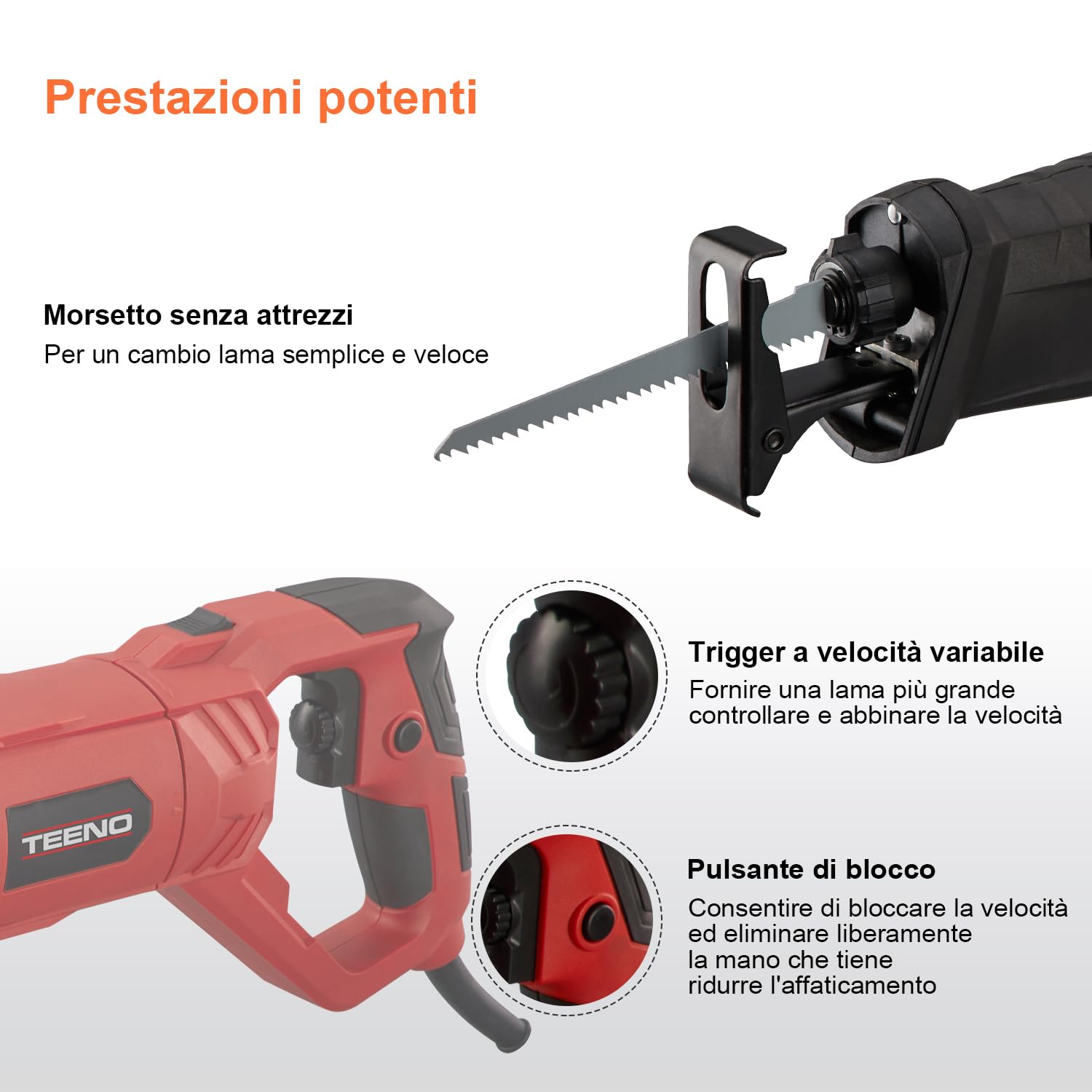 TEENO Sega a Gattuccio 850W Sega Universale Multifunzione con Luce LED, Maniglia Girevole, Velocità 0-2800SPM, con 2 lame: uno per legno, uno per metallo
