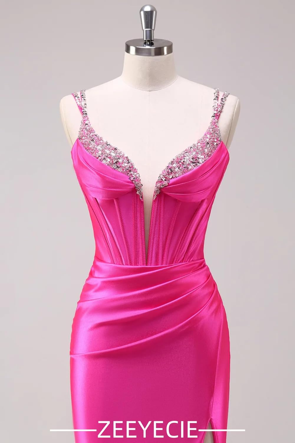 Zeeyecie V-Neck Satin Prom Dresses Mermaid Sequined Spaghetti Straps Glitter Evening Formal Ball Gowns with Slit