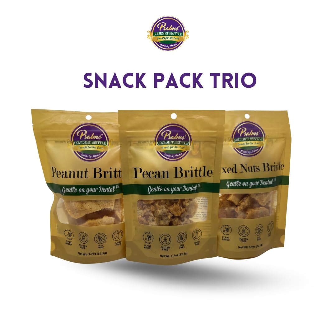 Psalms Gourmet Brittle Snack Pack Trio | Pecan, Peanut and Mixed Nuts Brittle | Gluten Free, Light and Crispy, Teeth Friendly, Homemade Brittle