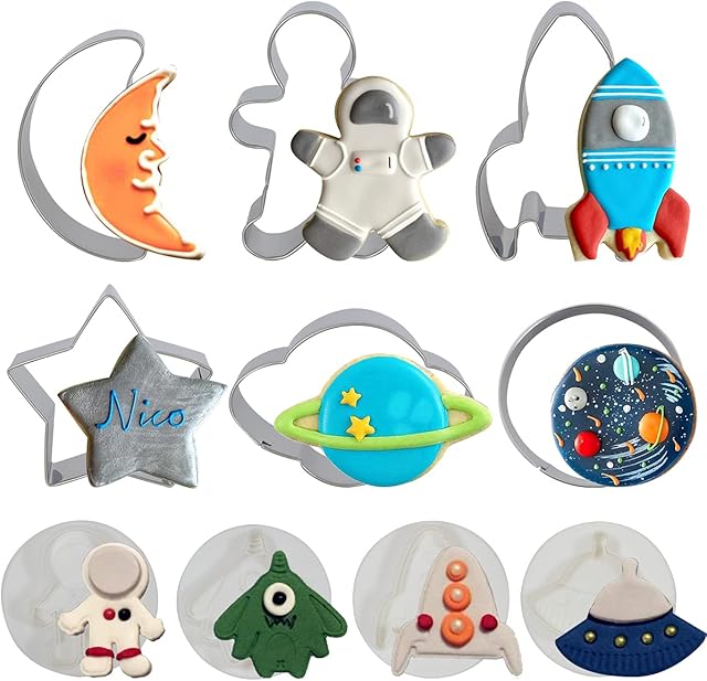 Space Cookie Cutters for Kids , Outer Space Fondant Stamper Set, Spaceship Astronaut Rocket Moon Star Planet Circle Pastry Biscuit Cake Baking Mold for Party Supplies