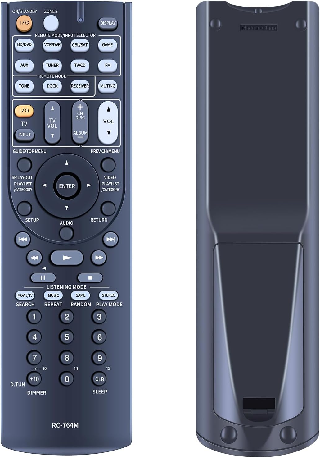 Поўны фронт view of the RC-764M remote control showing all buttons.