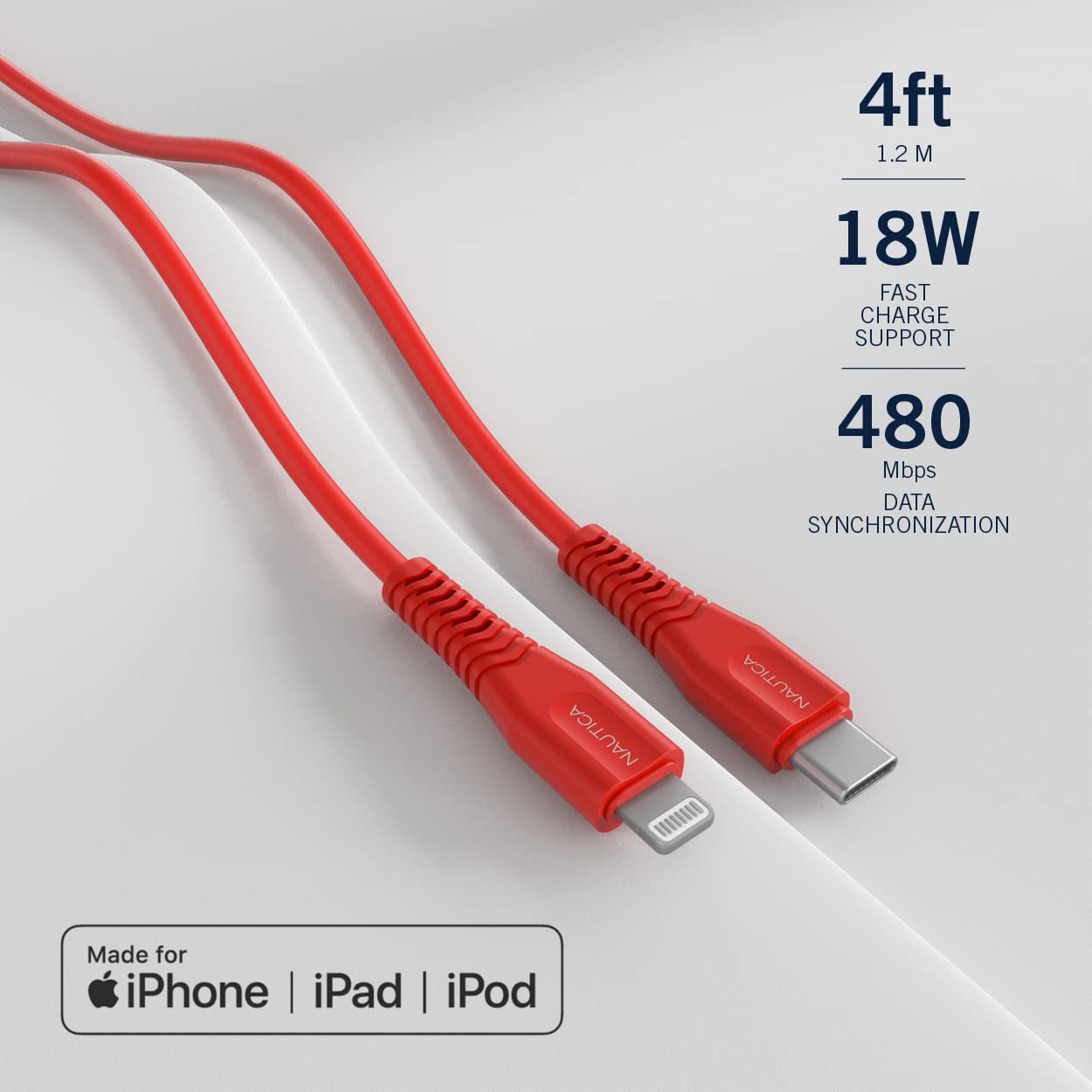Nautica C100 USB-C to Lightning PD 18W Hızlı Şarj ve Data Kablosu 1.2 Metre Kırmızı