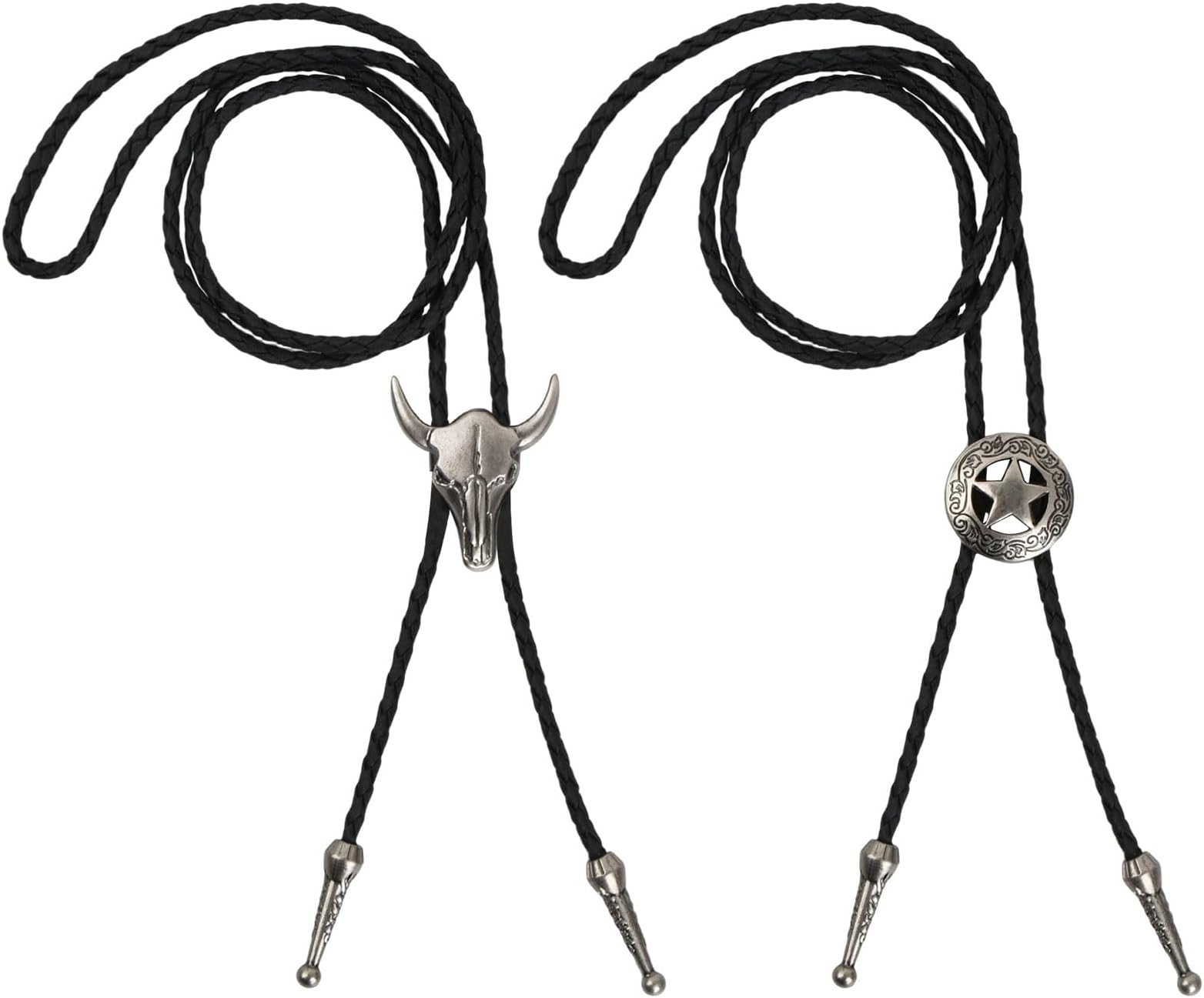 NivofuVintage Bolo Tie, 2Pcs Leather Necktie, Western Cowboy Tie, Cow Skull, Texas Ranger Star, Necklace, Costume Accessories, Black Vintage Pendant, for Women & Men
