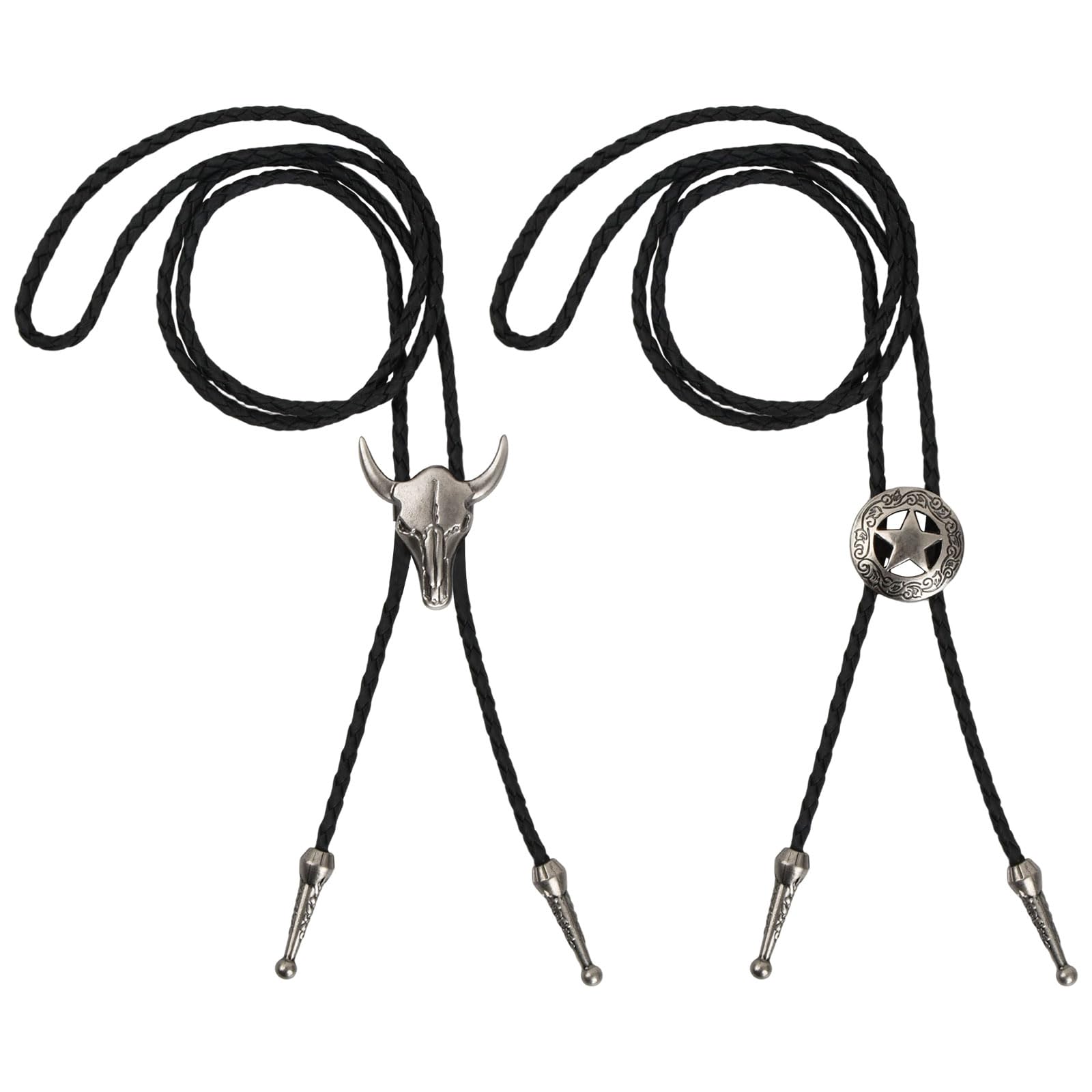 NivofuVintage Bolo Tie, 2Pcs Leather Necktie, Western Cowboy Tie, Cow Skull, Texas Ranger Star, Necklace, Costume Accessories, Black Vintage Pendant, for Women & Men
