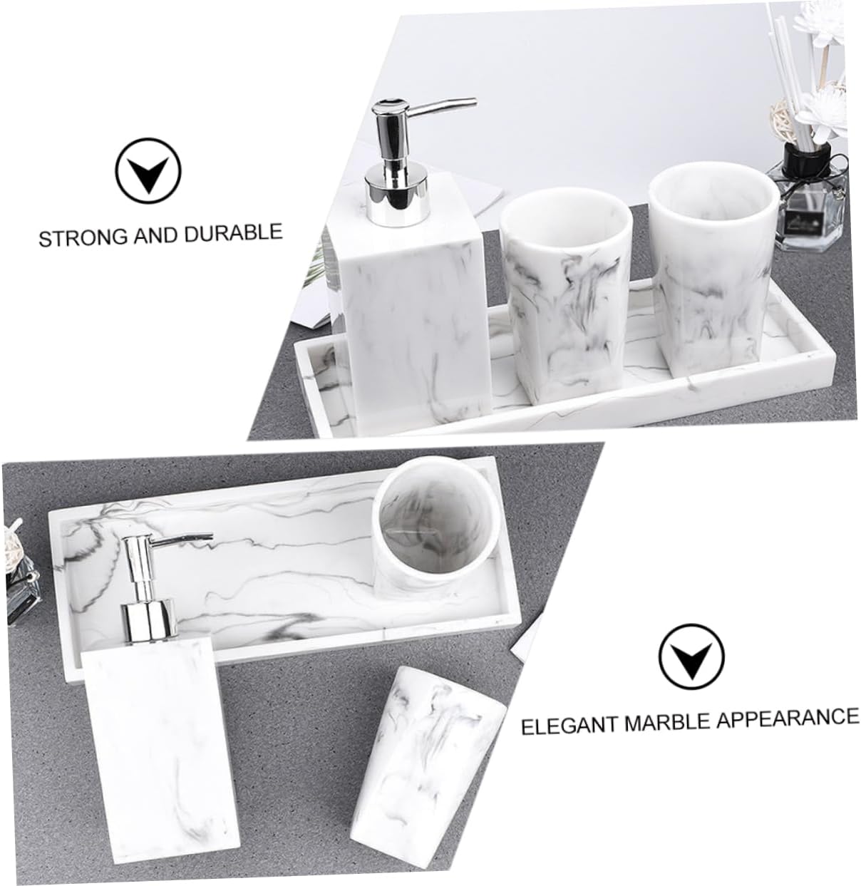 1 Set Elegant Marble Pattern Bathroom Set Soap Dispenser Bottle Tumbler Cups Tray for Home Decor Resin Material Modern Style for Family Housewarming